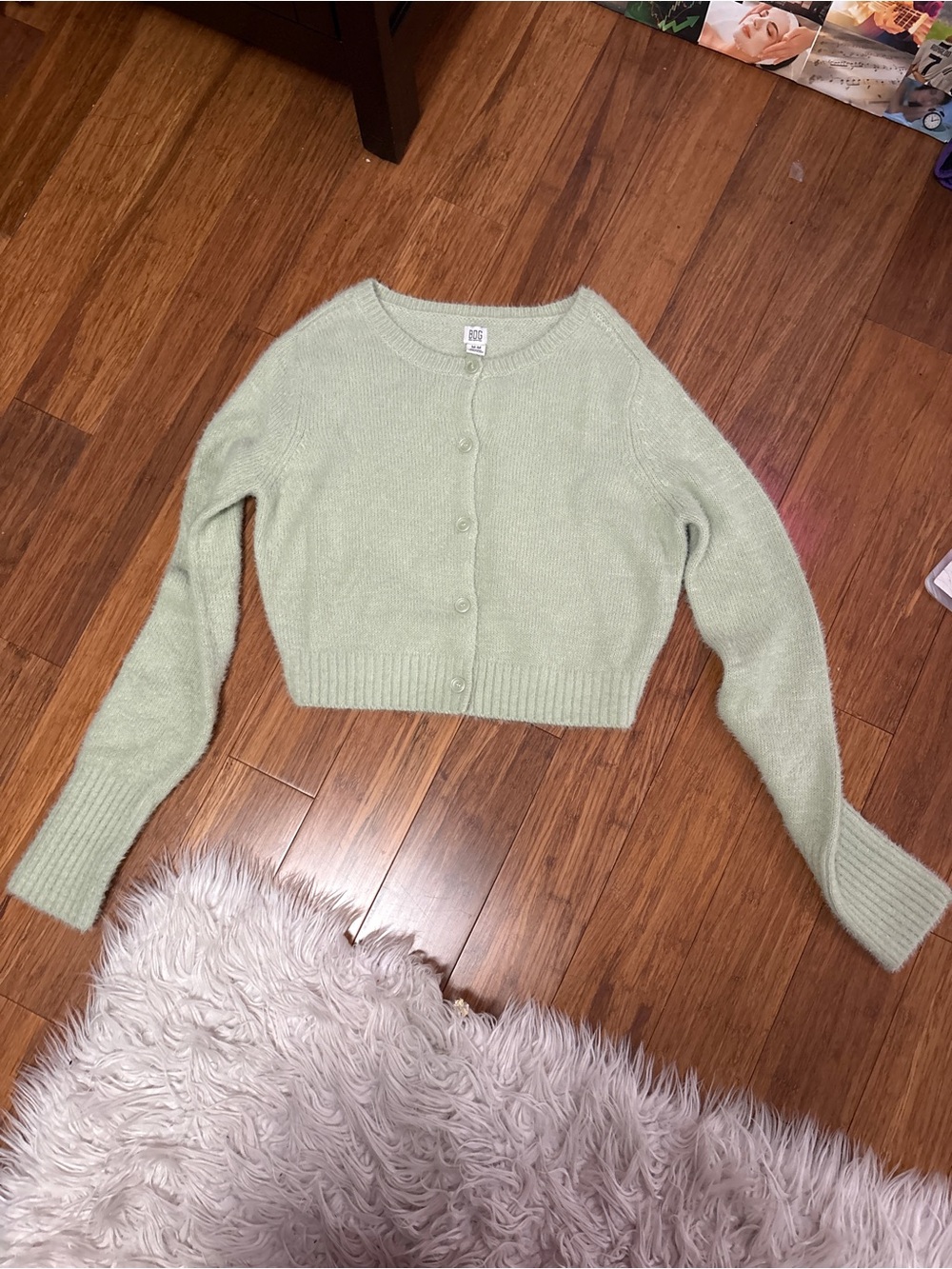 BDG Cropped Sage Green Button-Up Cardigan